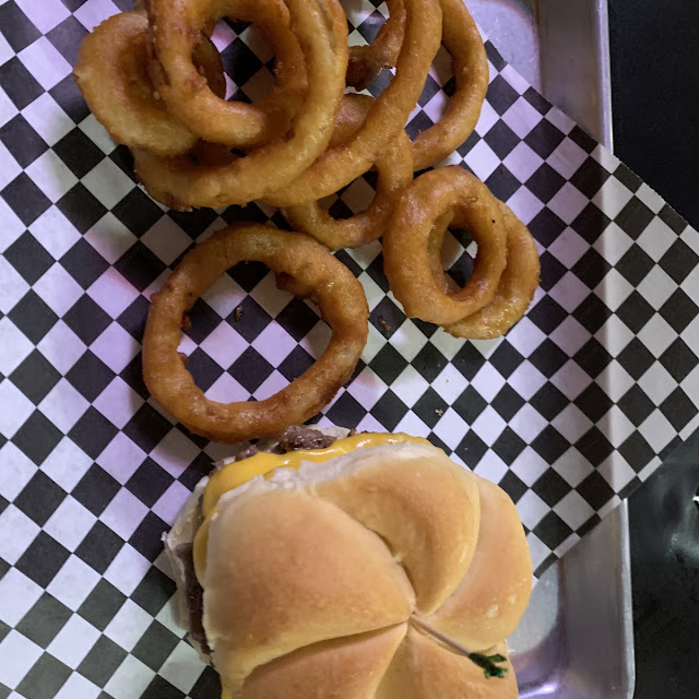 Mac and Cheese Burger and Onion Rings