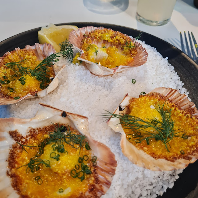 Scallops with Lemon Beurre Blanc Herb Oil & Charred Asparagus