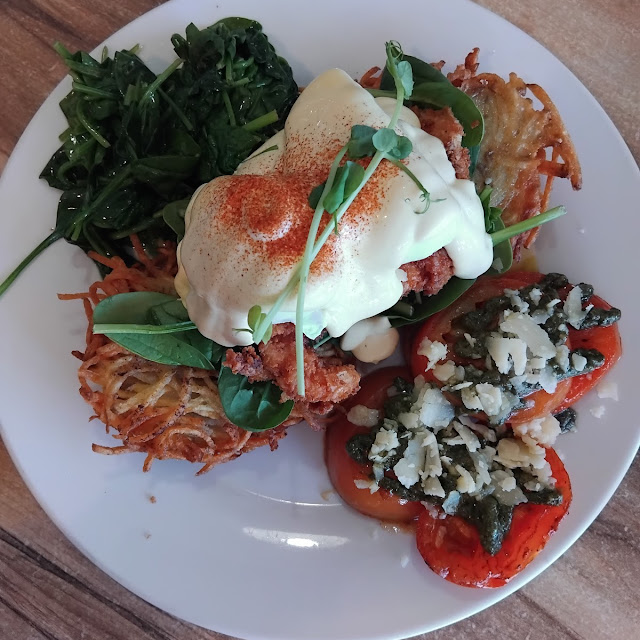 Fried Chicken Benny Tomato Basil Parmesan and Sauteed Spinach