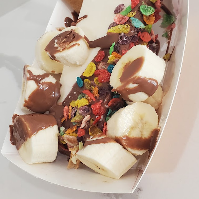 Coconut Half Dipped Chocolate Fruity Pebbles and Bananas