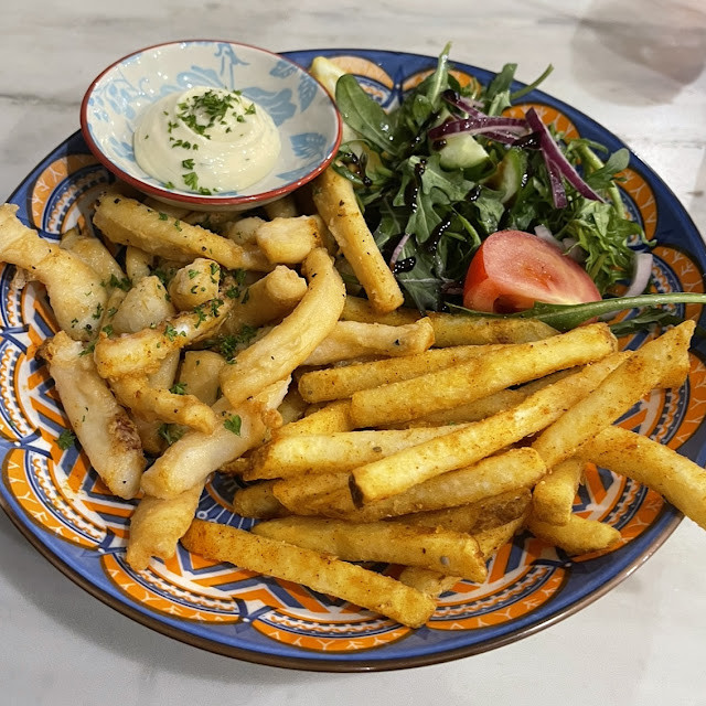 Salt and Pepper Squid with Chips and Salad