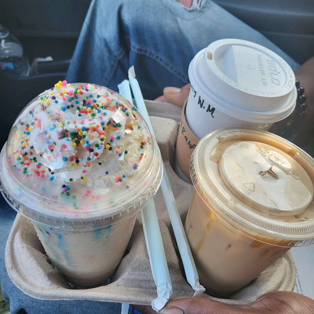 Birthday Cake Frappe Raspberry White Chocolate Mocha and Cinnamon Roll