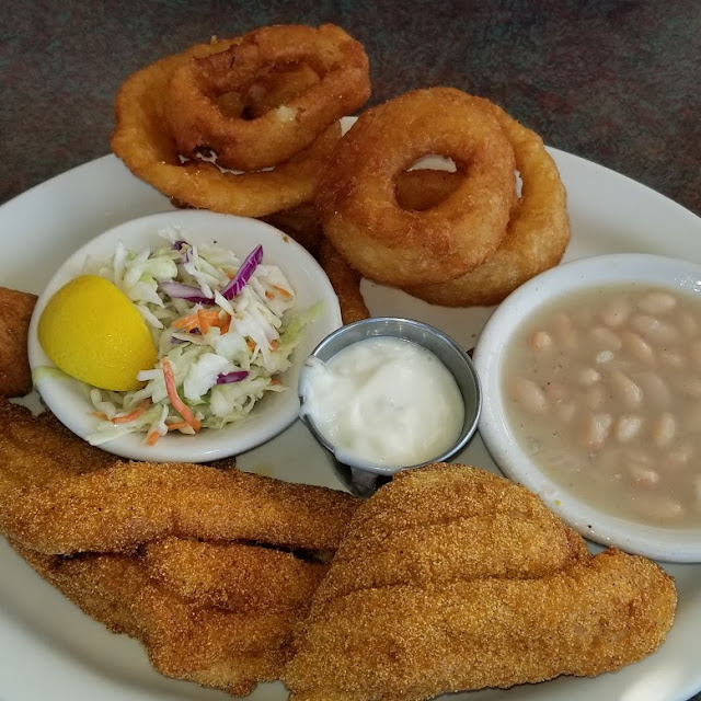 Catfish Dinner Special with Coleslaw White Beans and Onion Rings