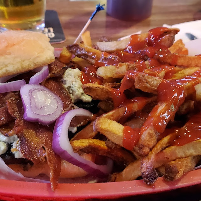Black and Blue Burger with Bacon with French Fries