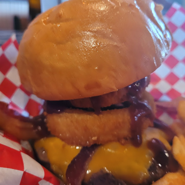 BBQ Burger Cheese BBQ Sauce and Onion Rings