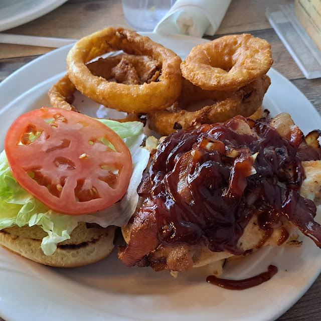 Grilled Chicken w BBQ Bacon Onions and Onion Rings Side